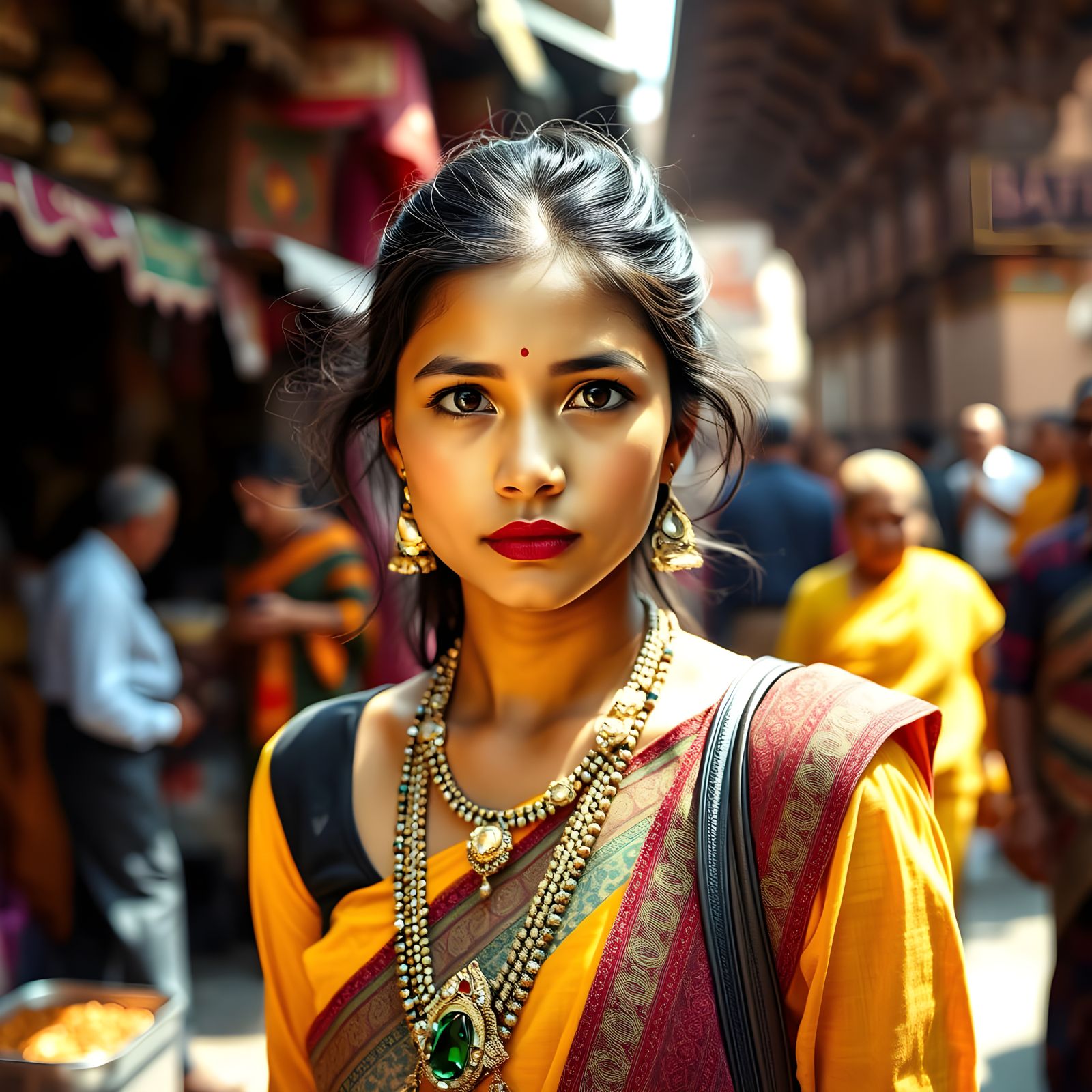 Nepali Woman in Traditional Attire Walks Through Bustling Ka...