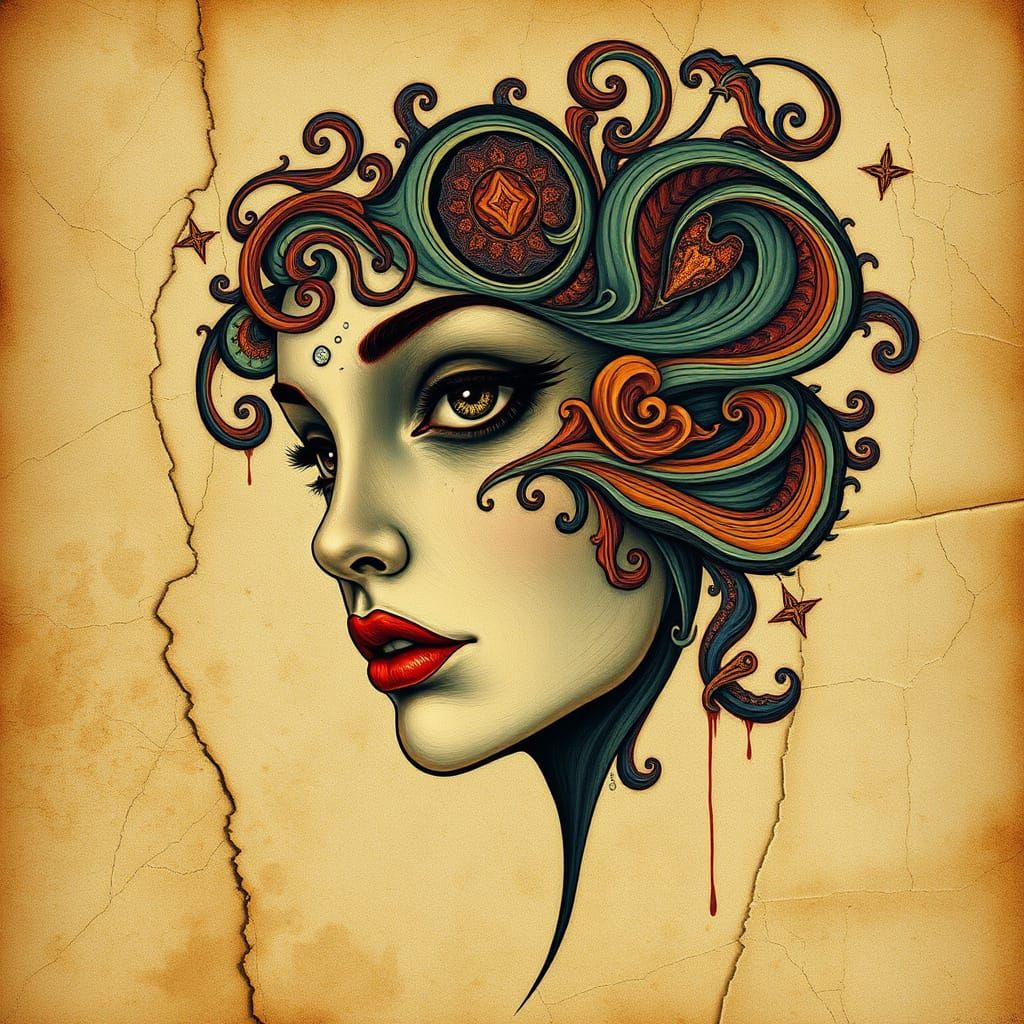 Dreamlike Woman's Face in Art Nouveau Style with Surrealist ...