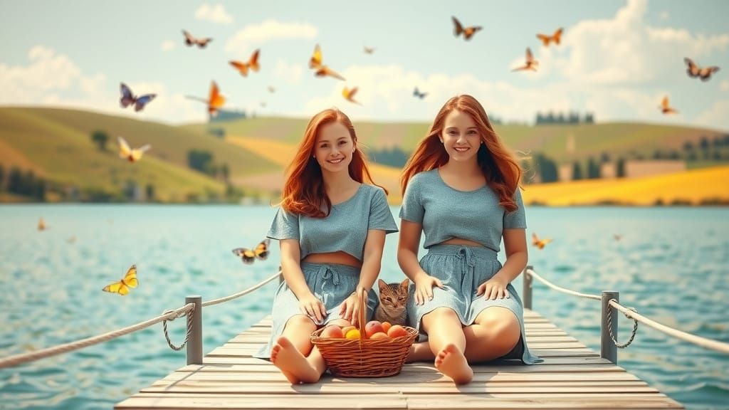 Twins by Lake with Cat and Fruit Basket