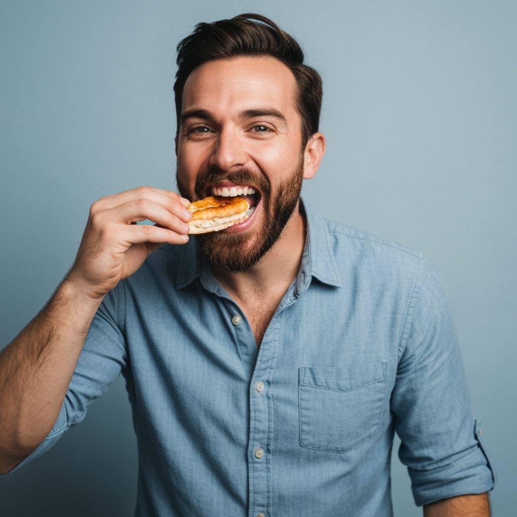 Man Mid-Bite: A Humorous Candid Moment
