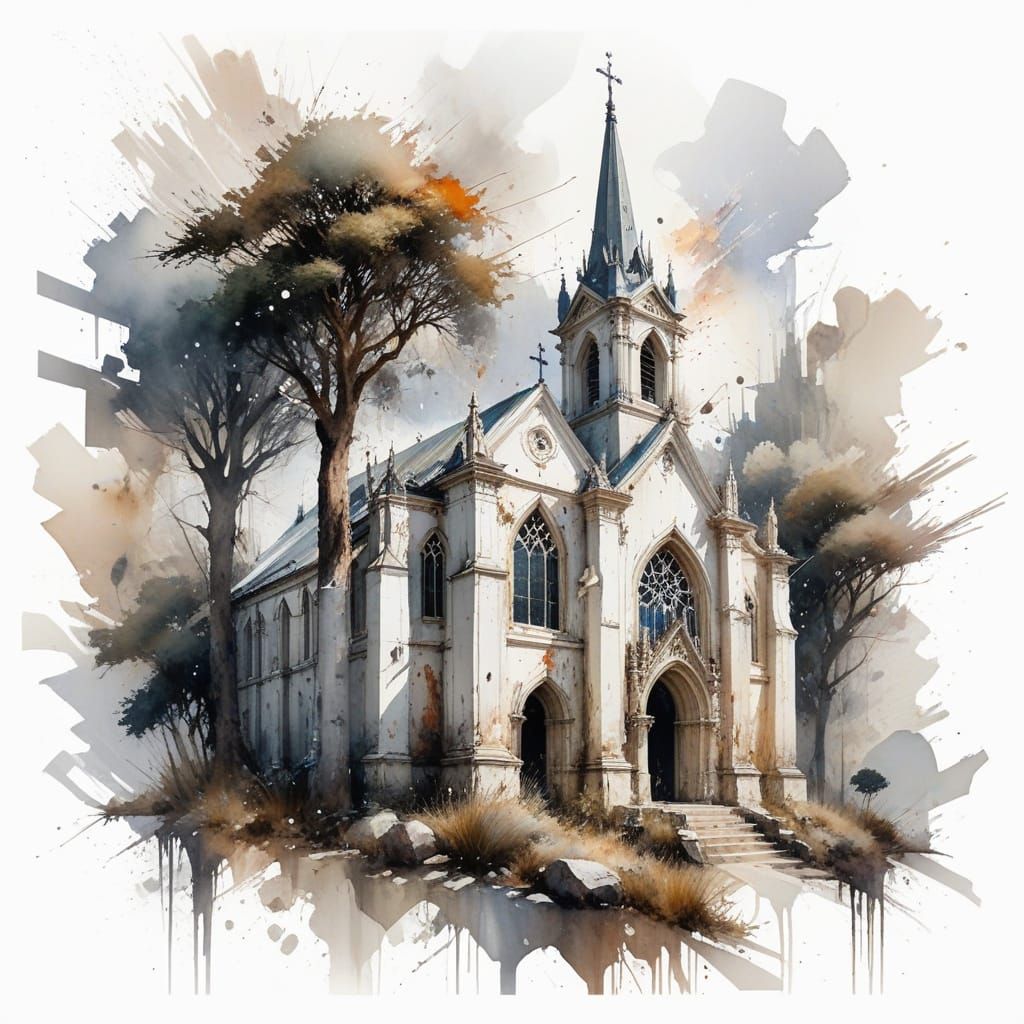 Old Church on Plateau in Stylized Watercolour