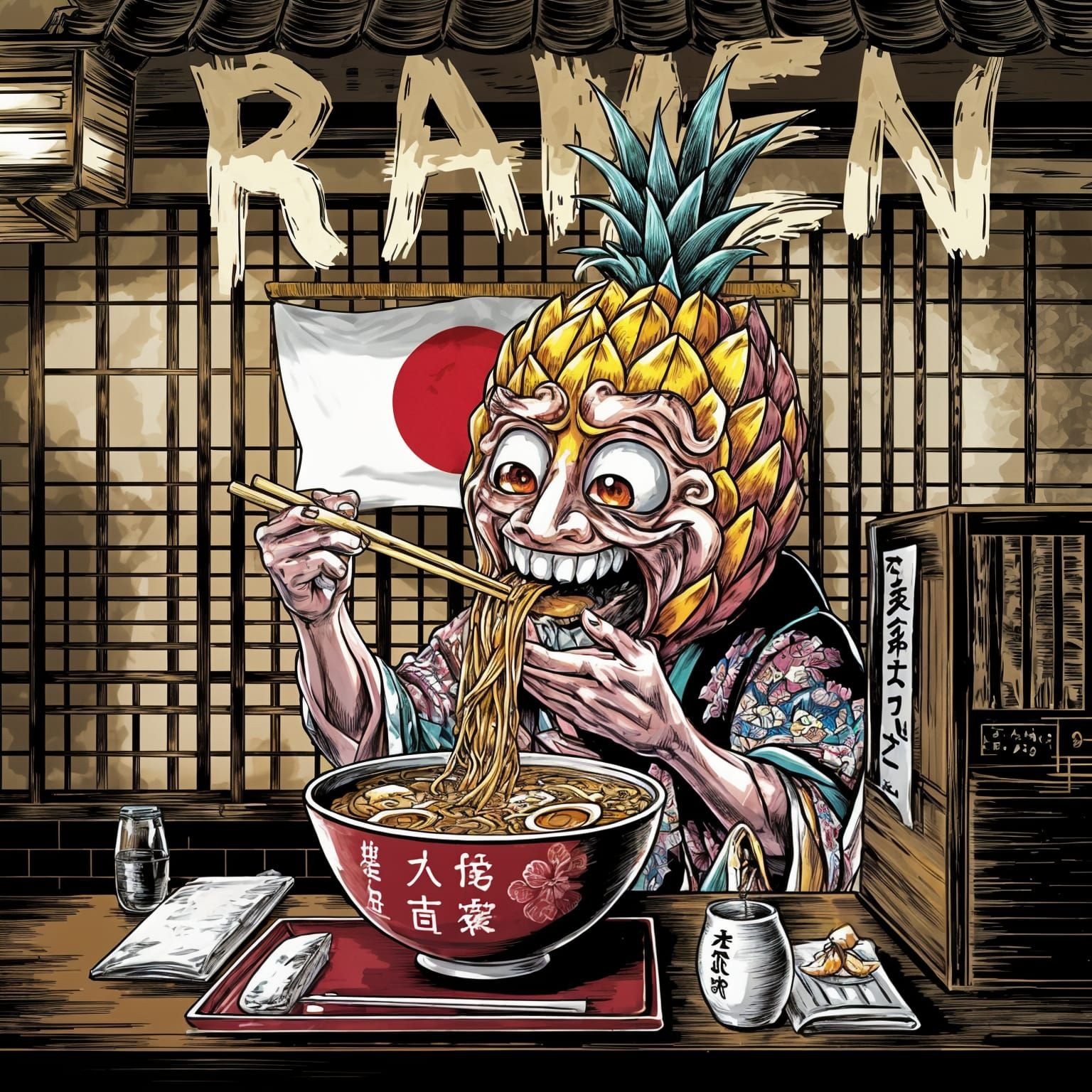 Chibi Pineapple Character Enjoys Ramen: Ukiyo-e Style