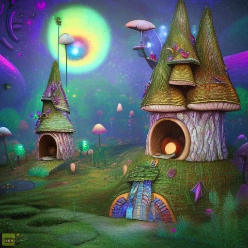 Living Fairy Town with Mushroom Houses: Astral Illustration