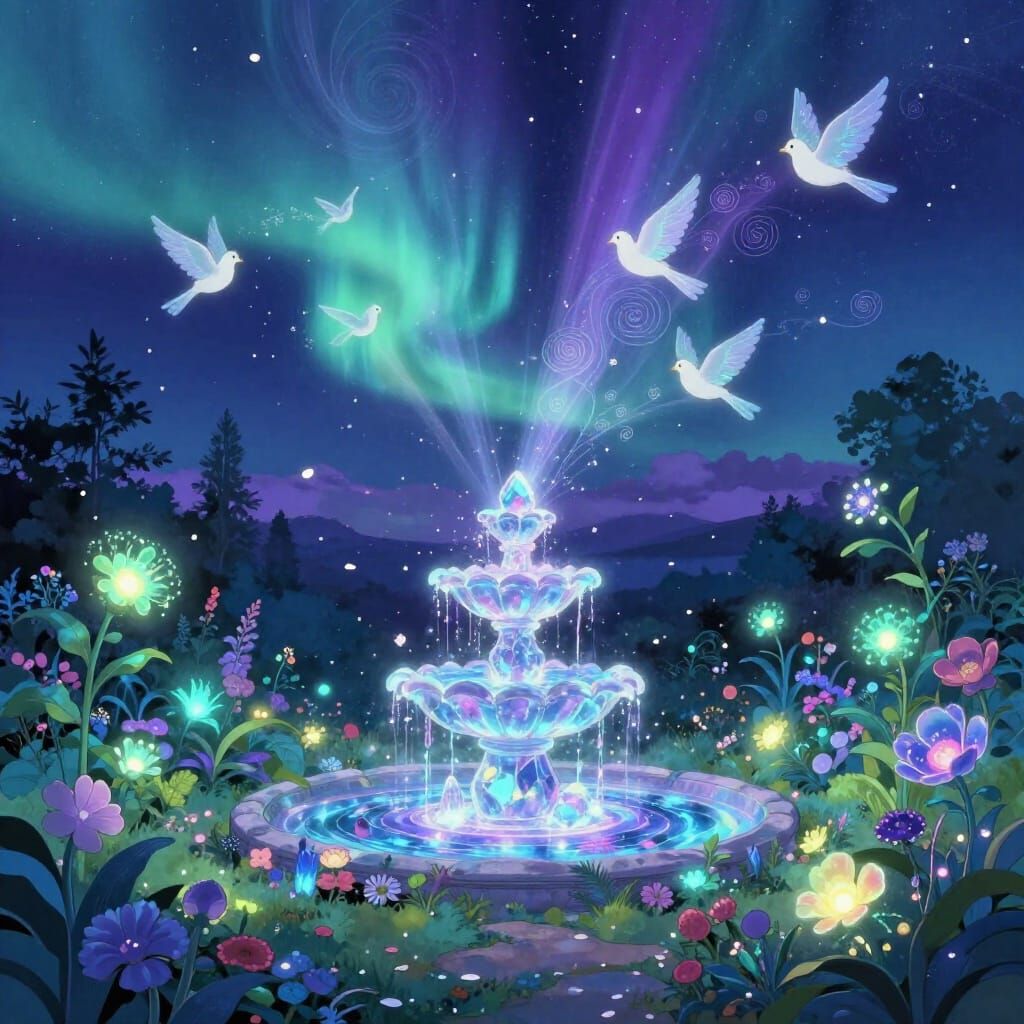 Ethereal Sky Garden with Glowing Flora and Crystal Fountain