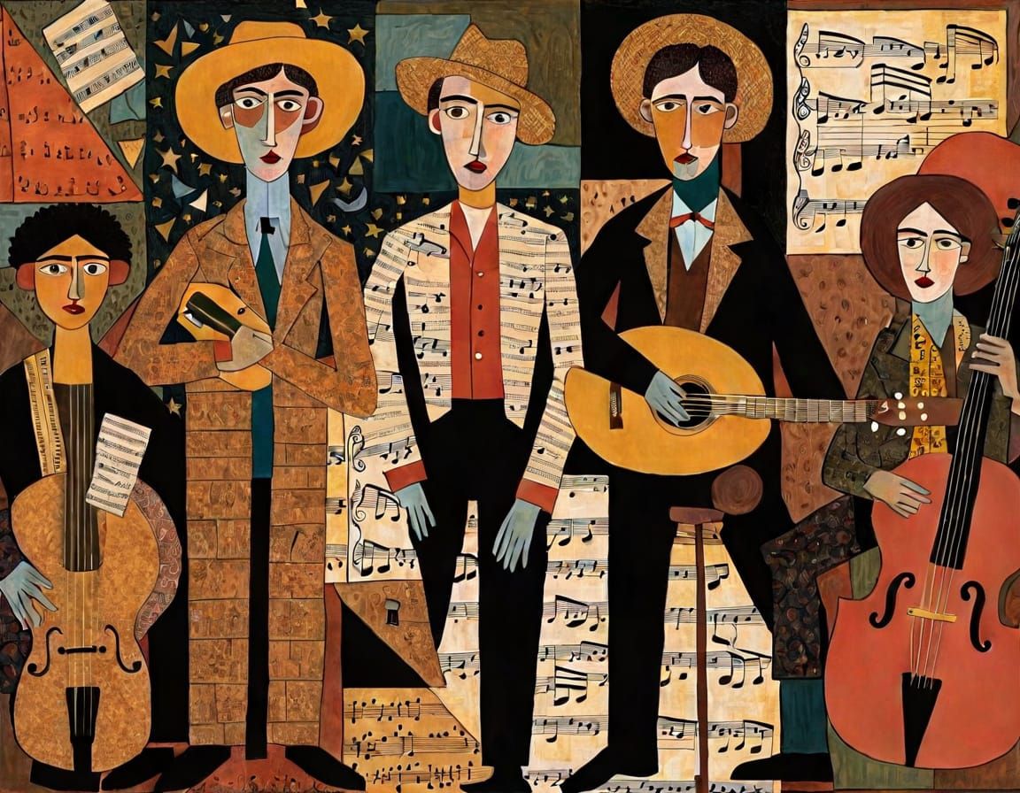 Country Musicians on Stage in Dark Moody Folk Art Style