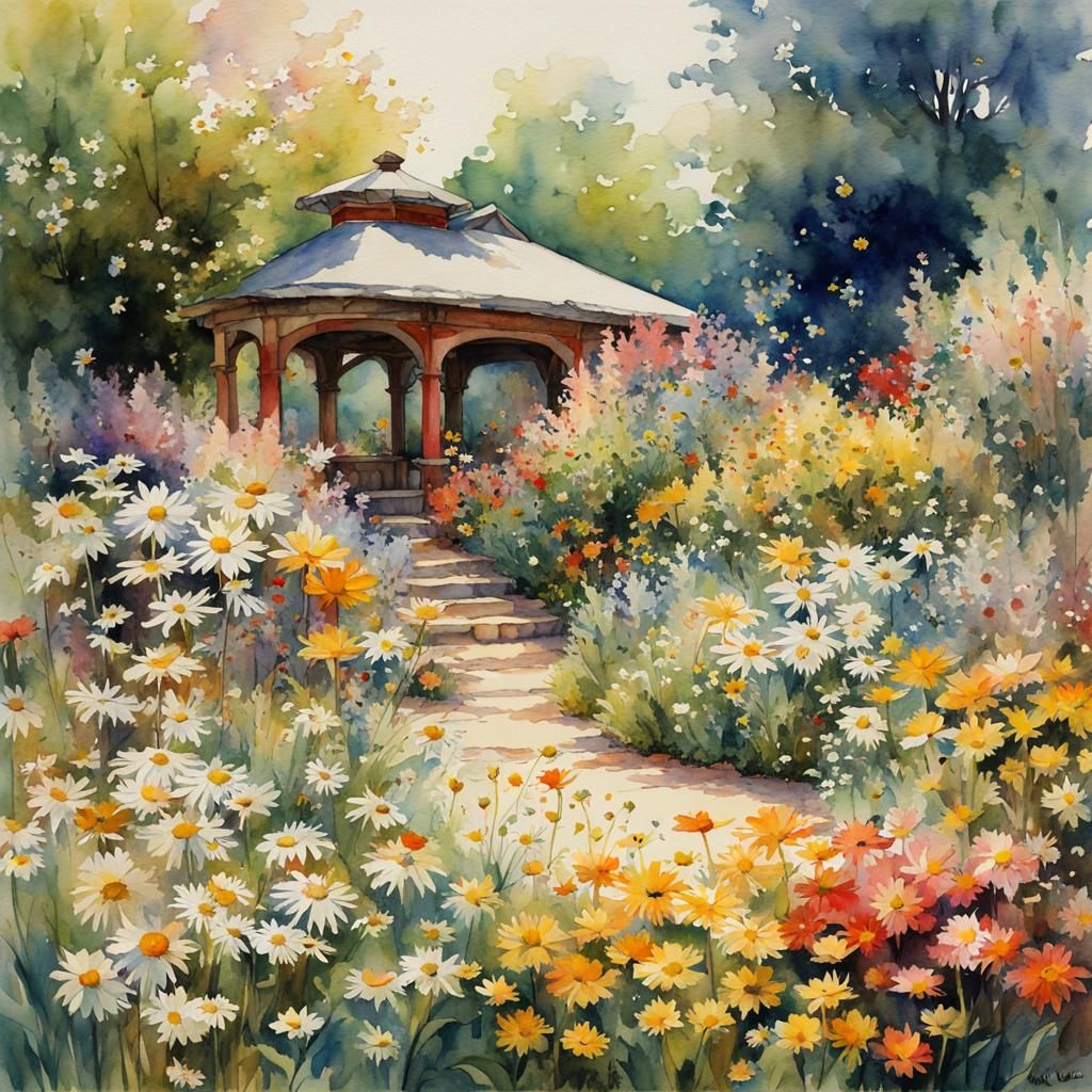 Anime Garden of Daisies in Watercolor Style