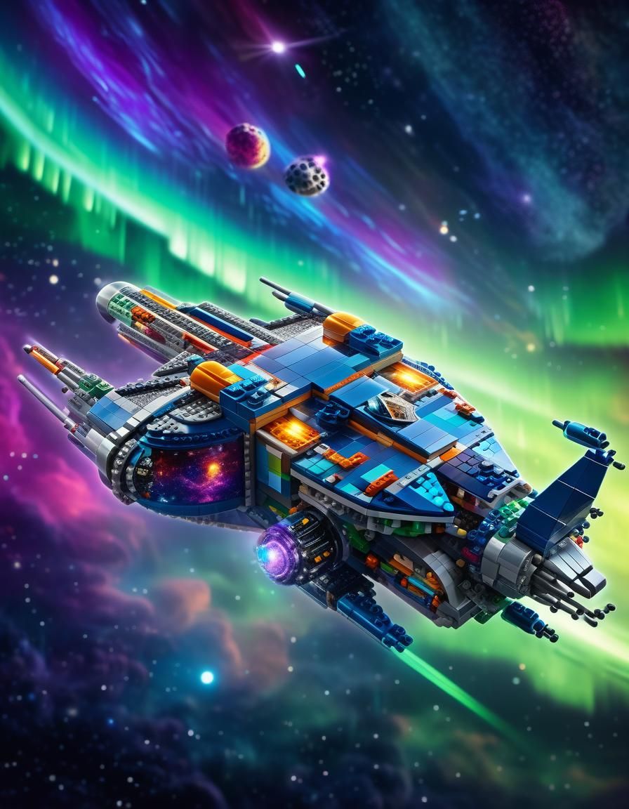 LEGO Spaceship Soaring Through Galaxy in Sci-Fi Art