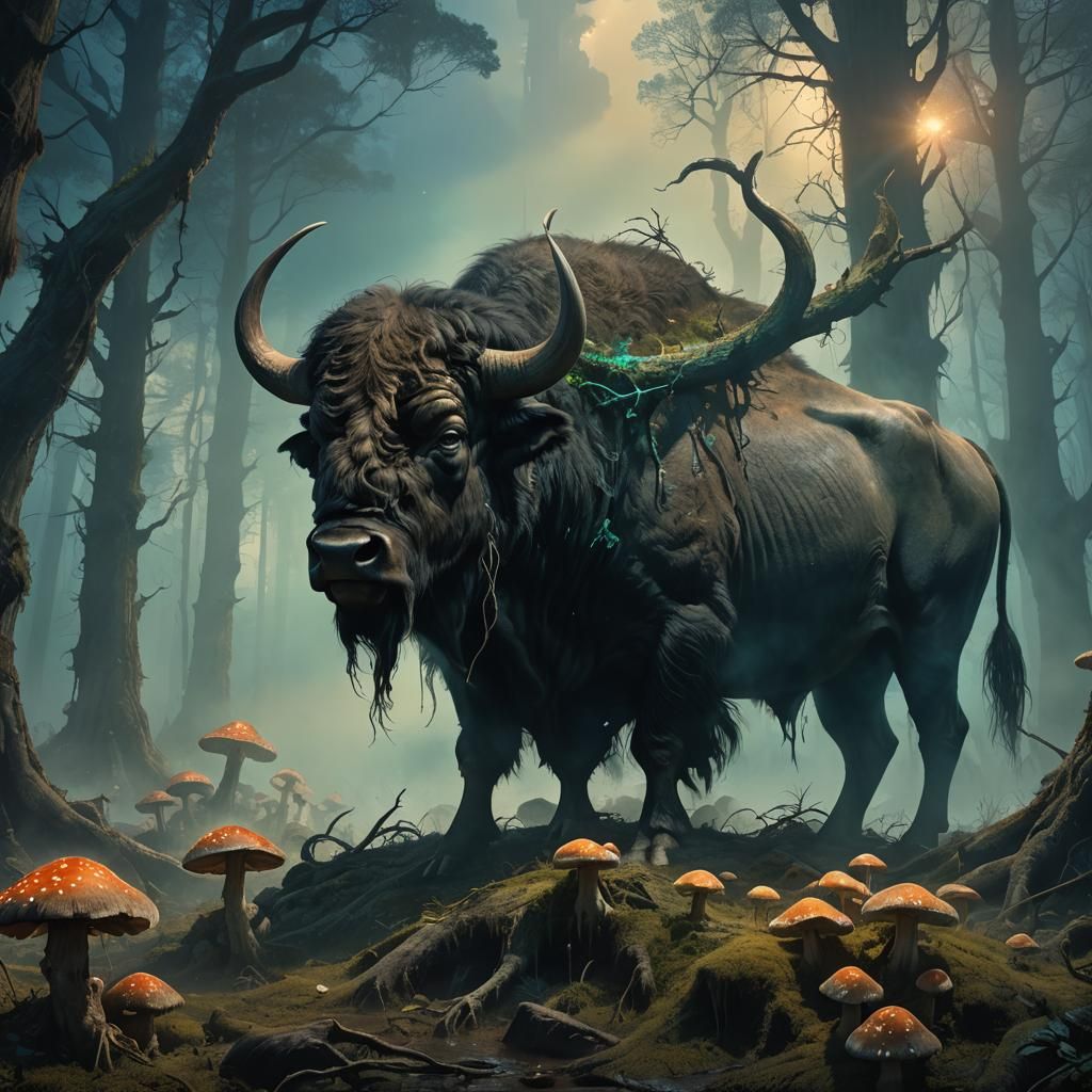 Wounded Buffalo in Mystical Forest: Matte Painting