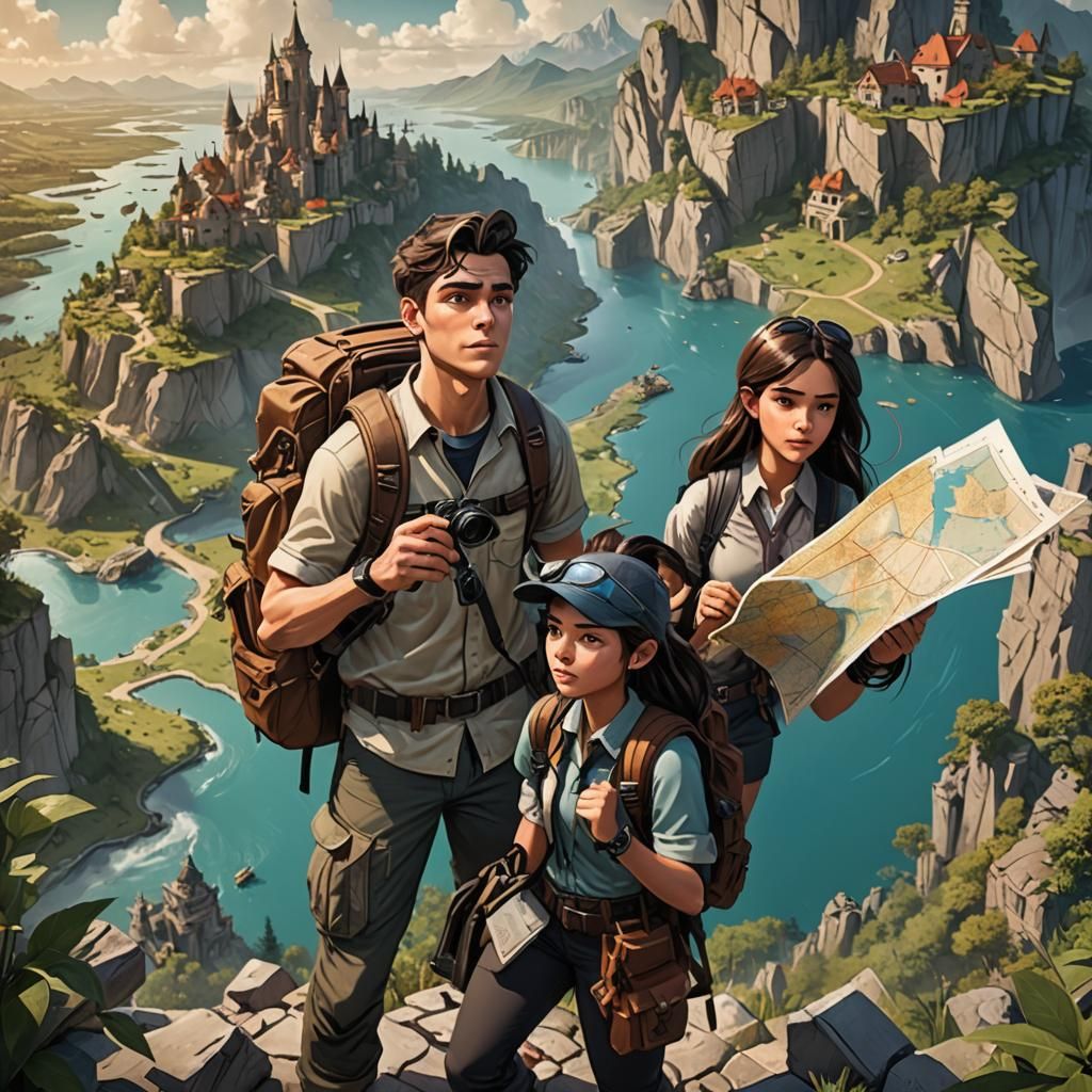 Young Couple Consults Map in Comic Book Style