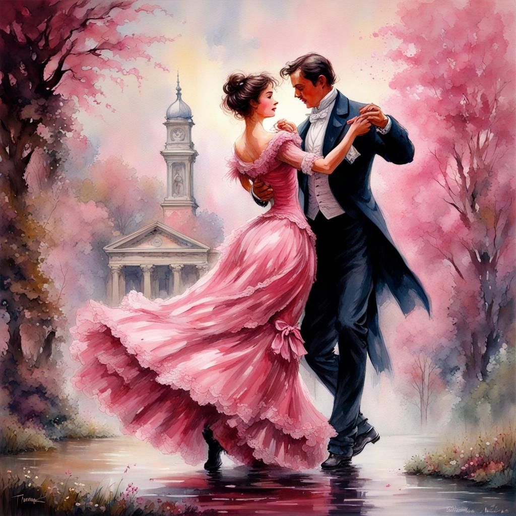 Victorian Couple's Dance: Hyperdetailed Ink Splash Art