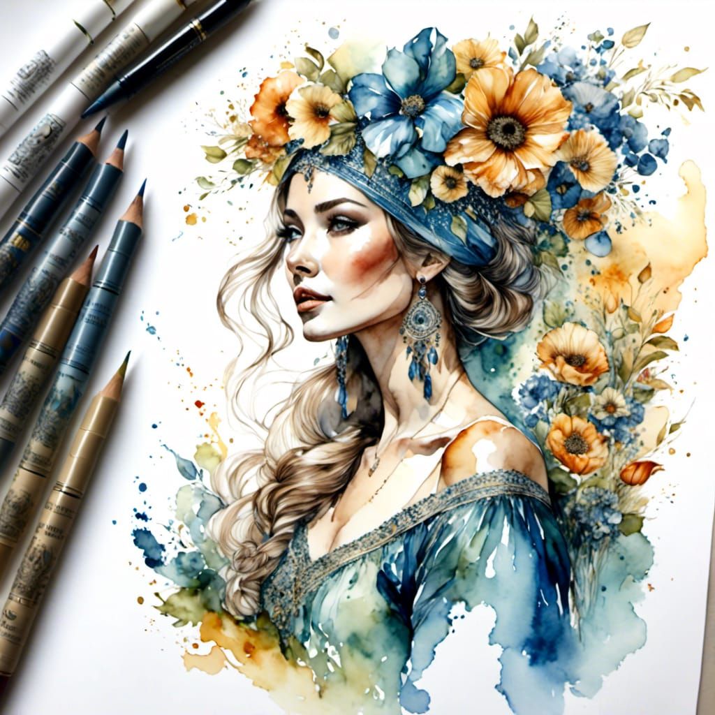 Watercolor Boho Lady Coloring Page Illustration