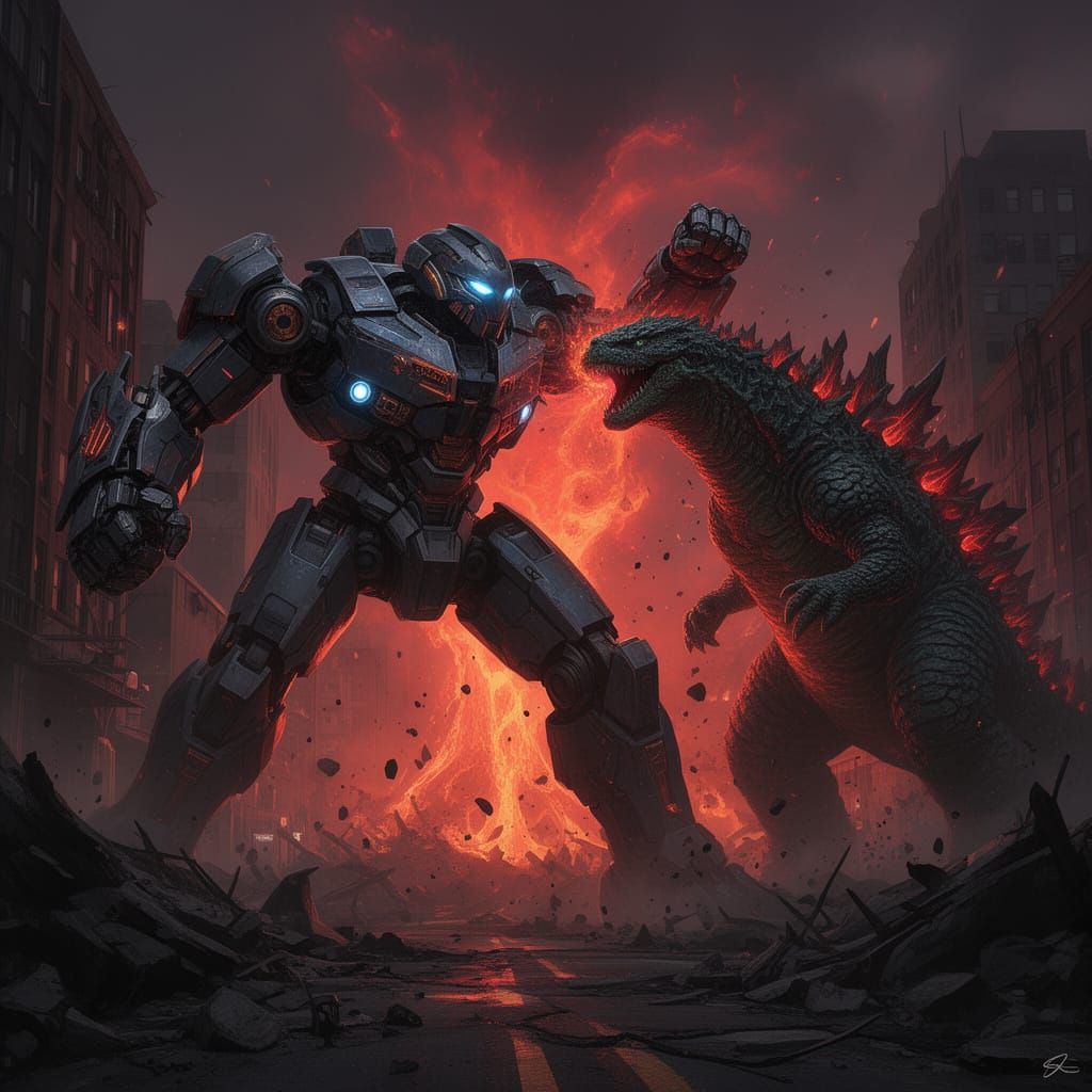 Giant Robot Battles Kaiju Monster in Epic Showdown