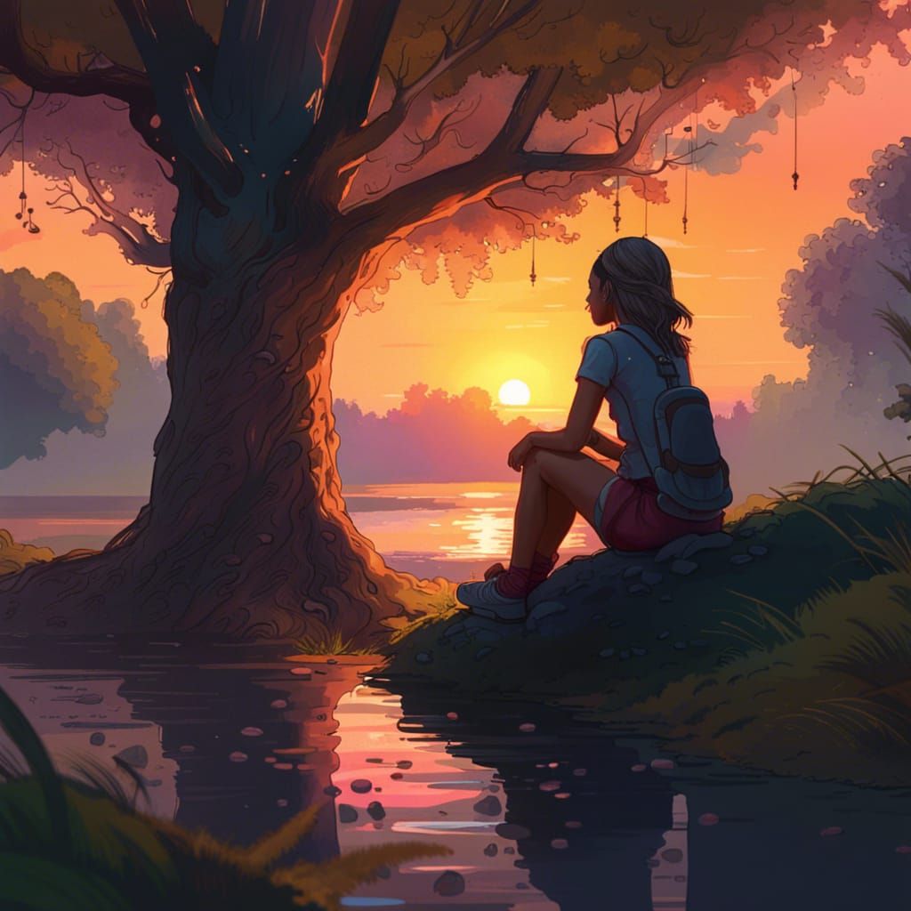 Sunset Silhouette: Girl Behind Tree in Digital Art