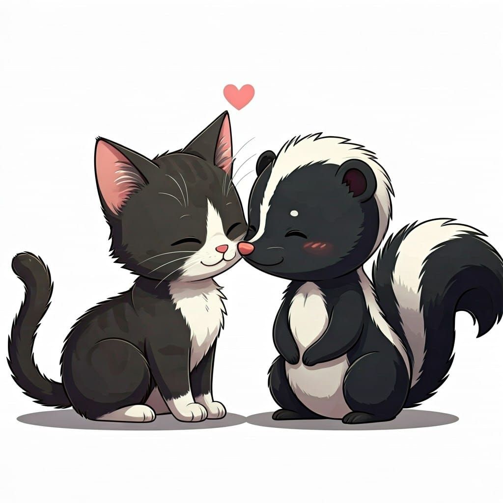 Chibi Cute Black and White Kitty and Skunk Friends