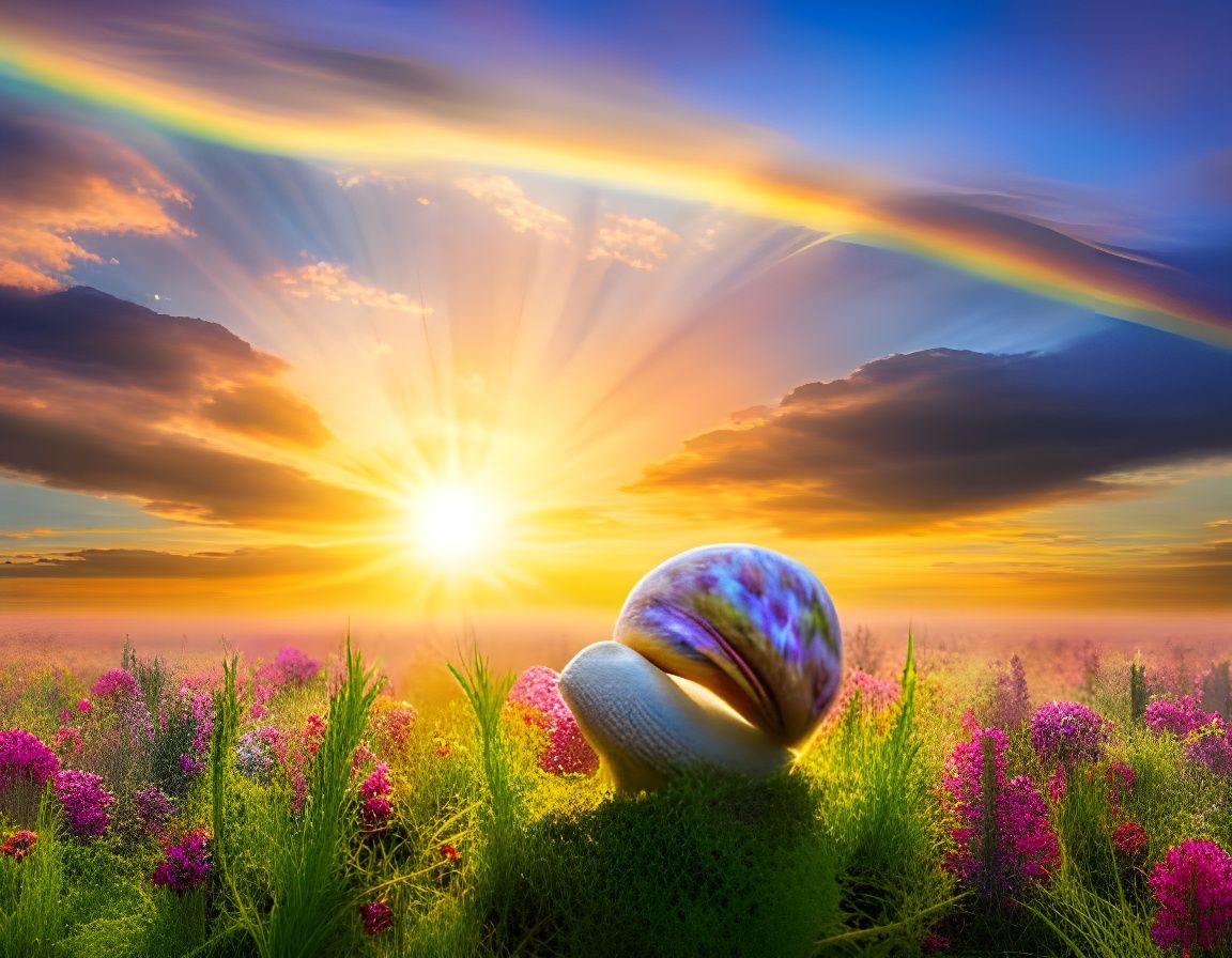 Giant Snail with Iridescent Shell in Dreamy Meadow