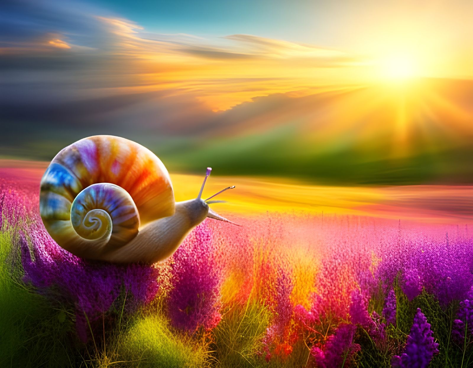 Giant Rainbow Snail in a Magical Flower Meadow