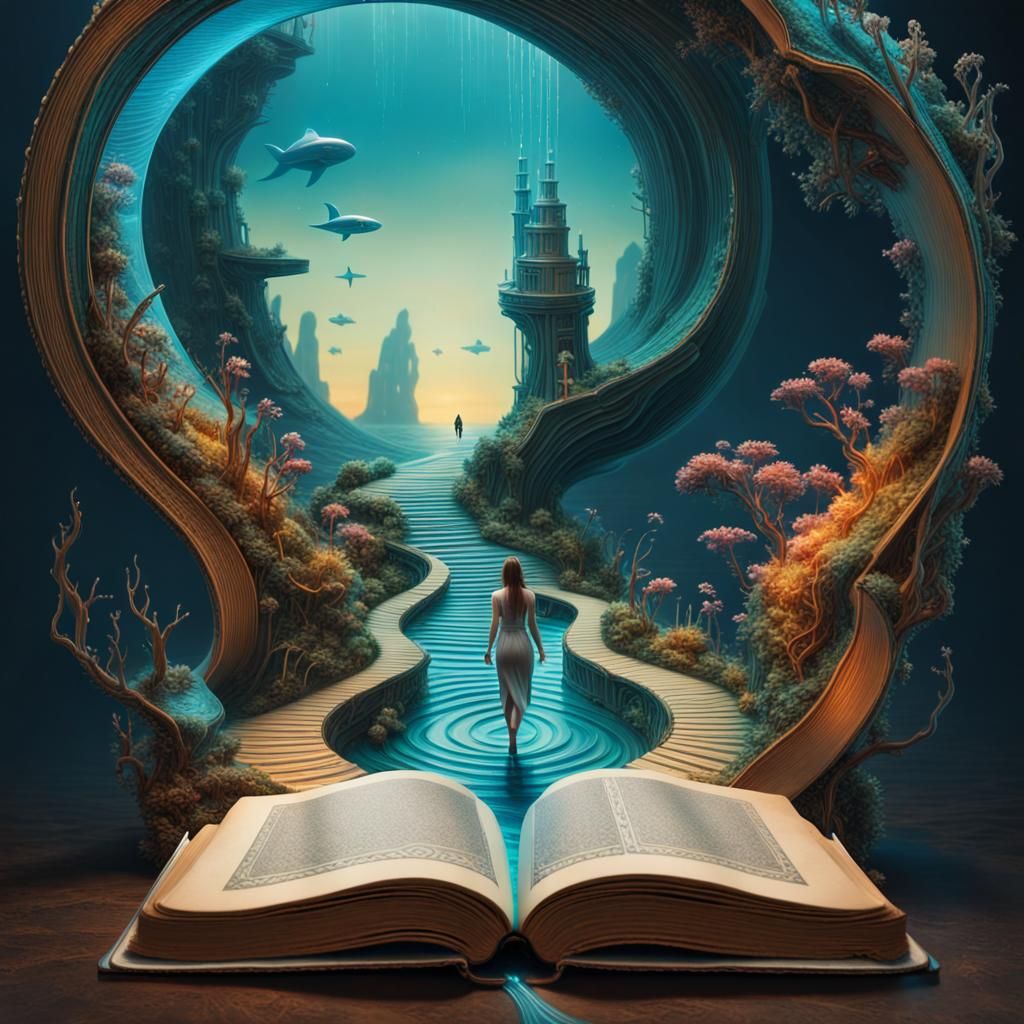 Futuristic Underwater Path Inside Antique Book in 3D
