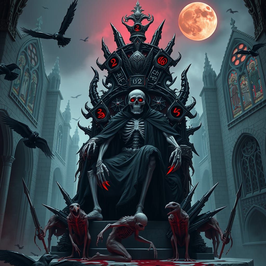 Skeletal King on Thorn Throne in Gothic Cathedral