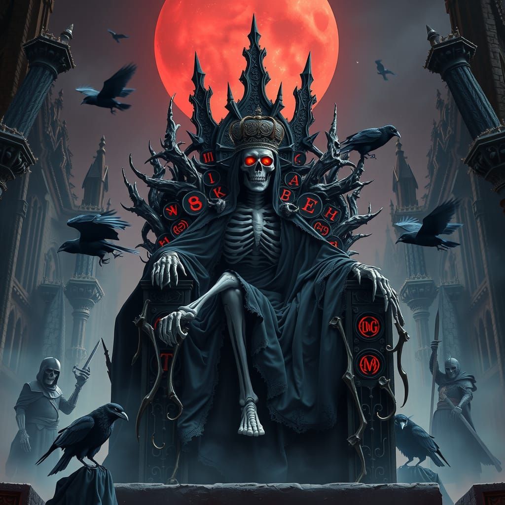 Skeletal King on Thorn Throne Under Blood Moon