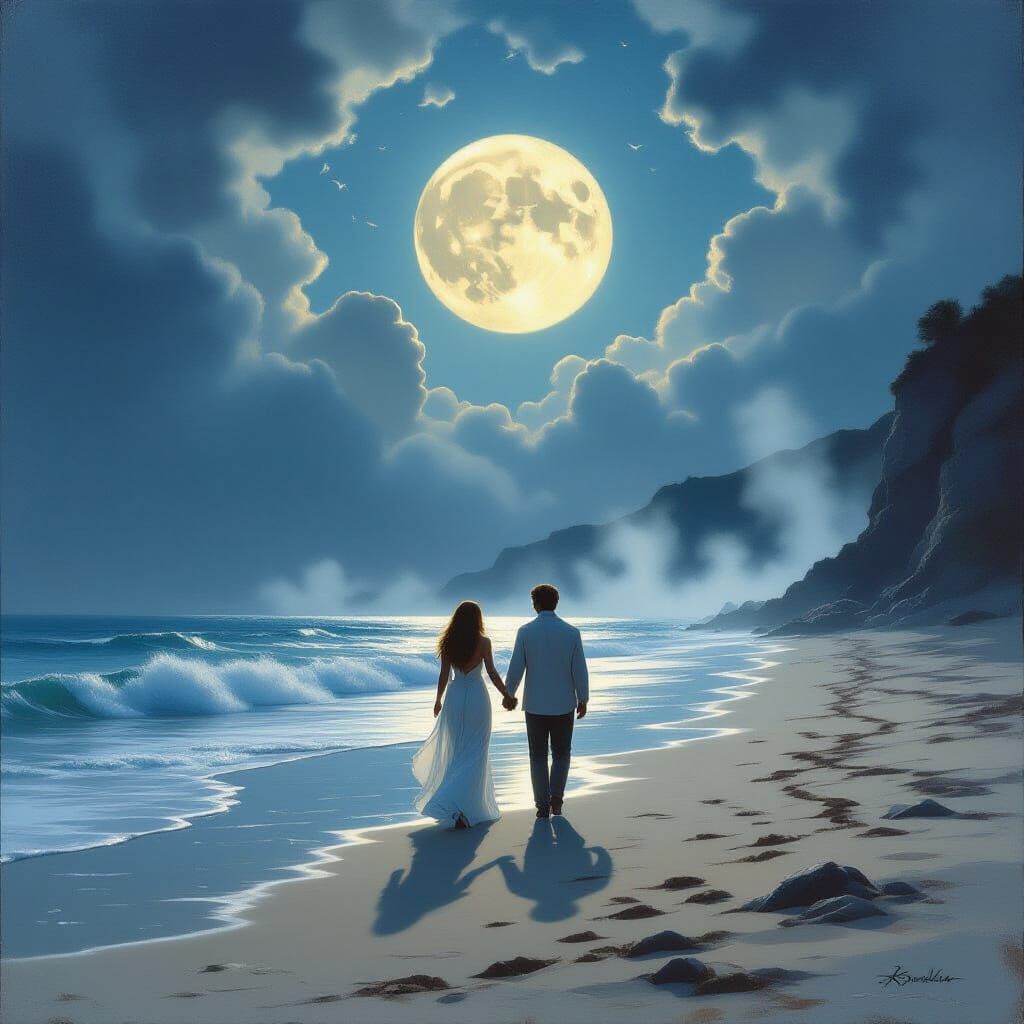 Romantic Moonlit Beach Scene in Fantasy Style