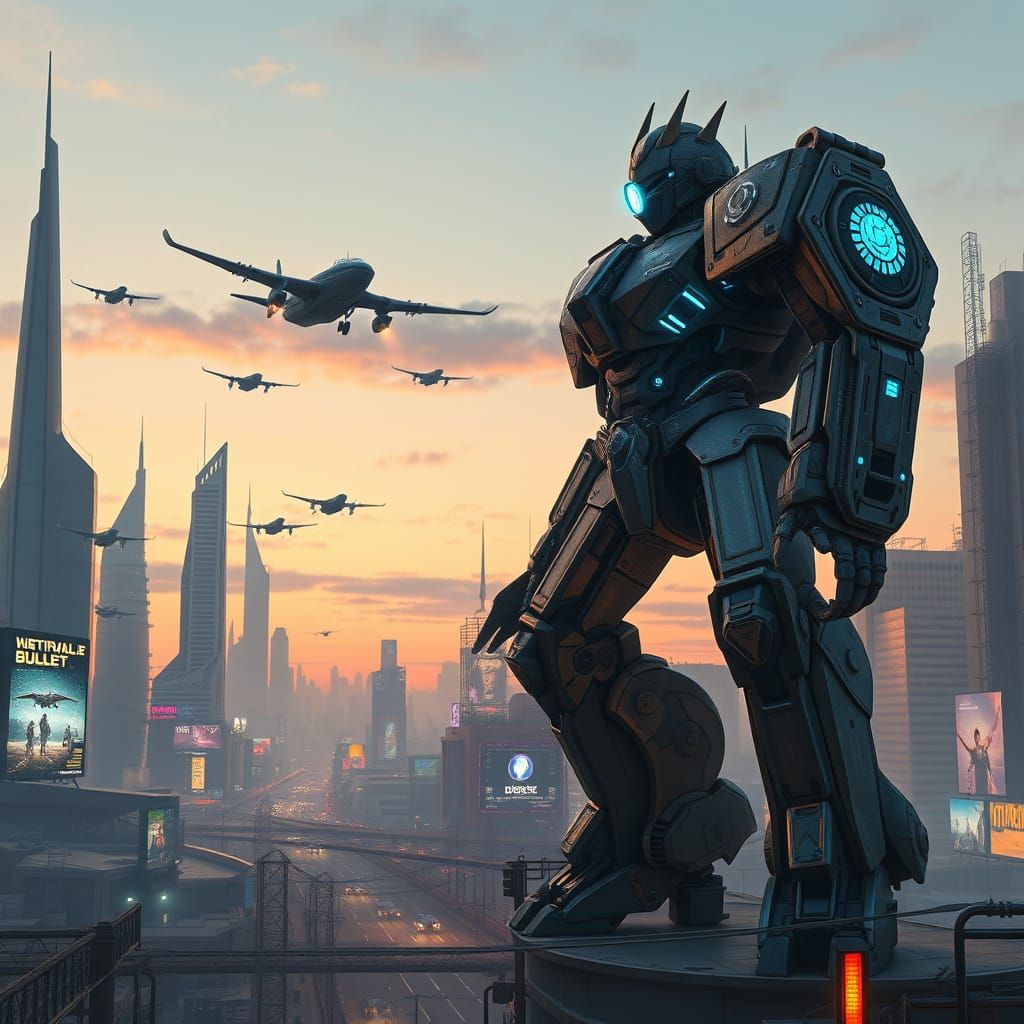 Mech Warrior Guards Neon Cityscape in Cyberpunk Style