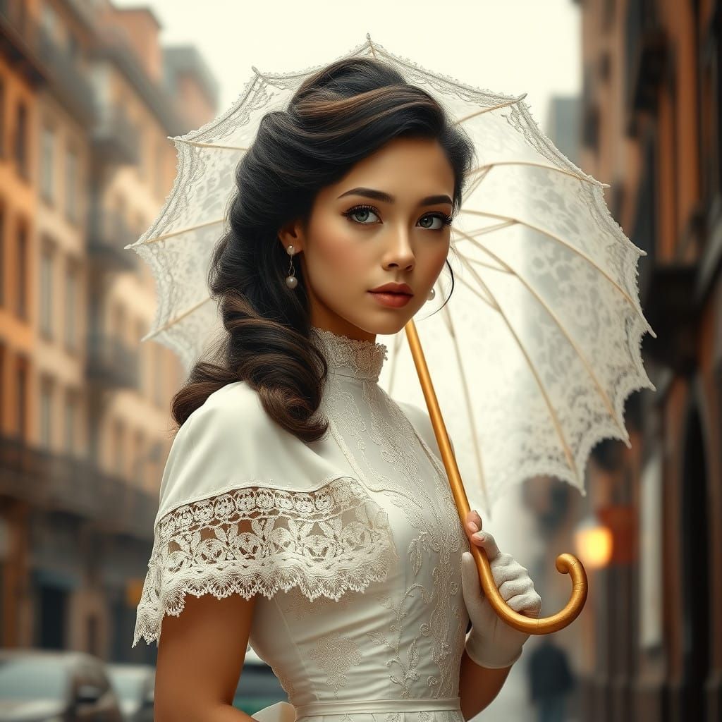 Elegant Victorian Lady Stands Under Umbrella on Rainy City D...
