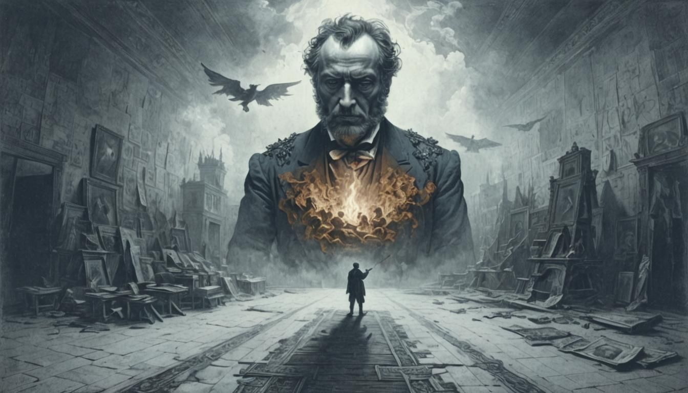 Dramatic Etching of Man in Studio, Baroque Style