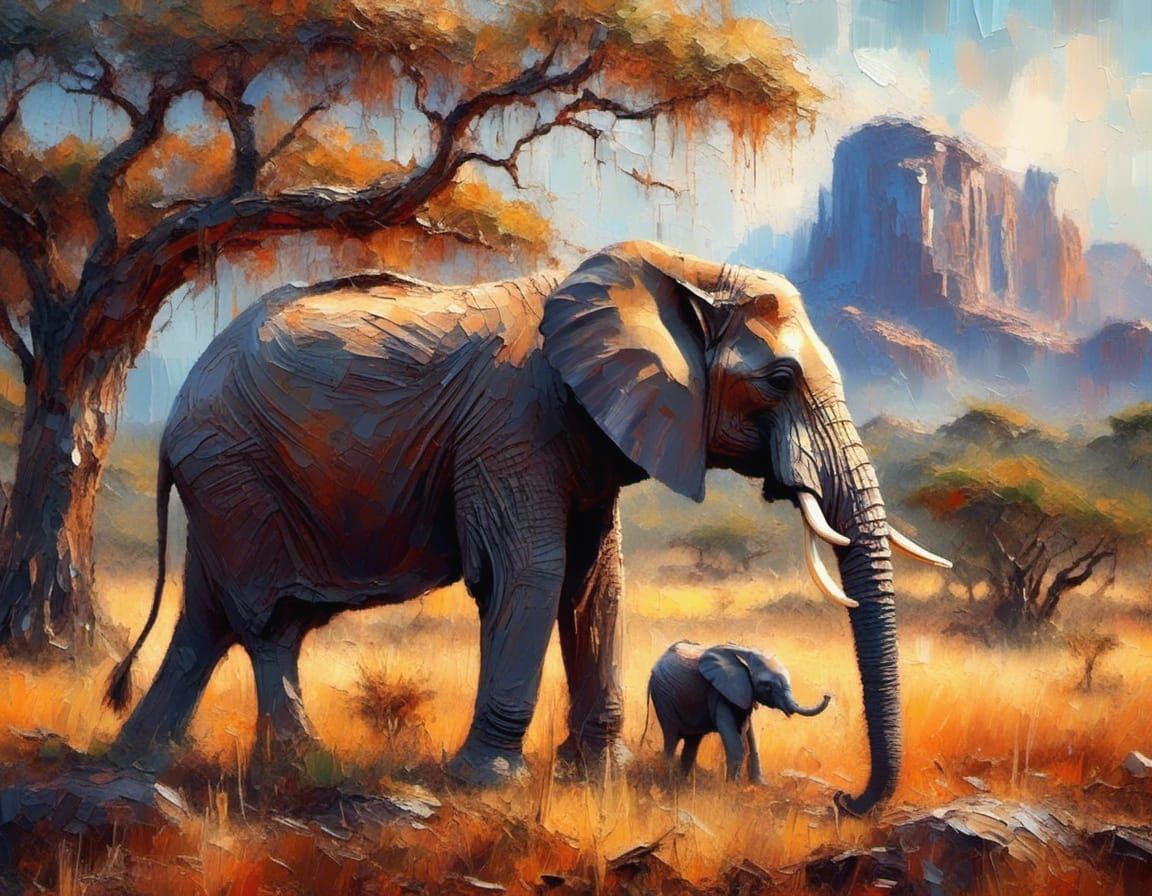Elephant mother with her calf in the Savannah (oil)