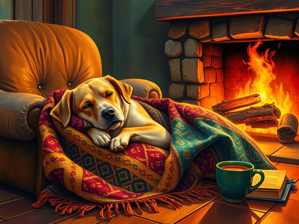 Cozy Autumn Scene with Dog and Fireplace