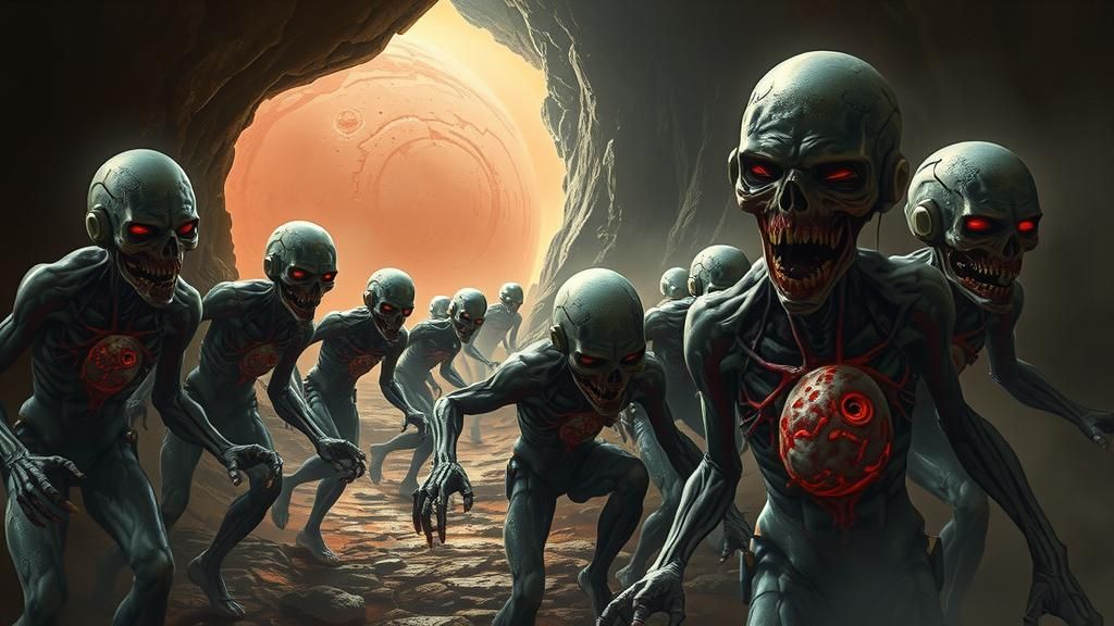 Grotesque Space Zombies in Gothic Horror Landscape