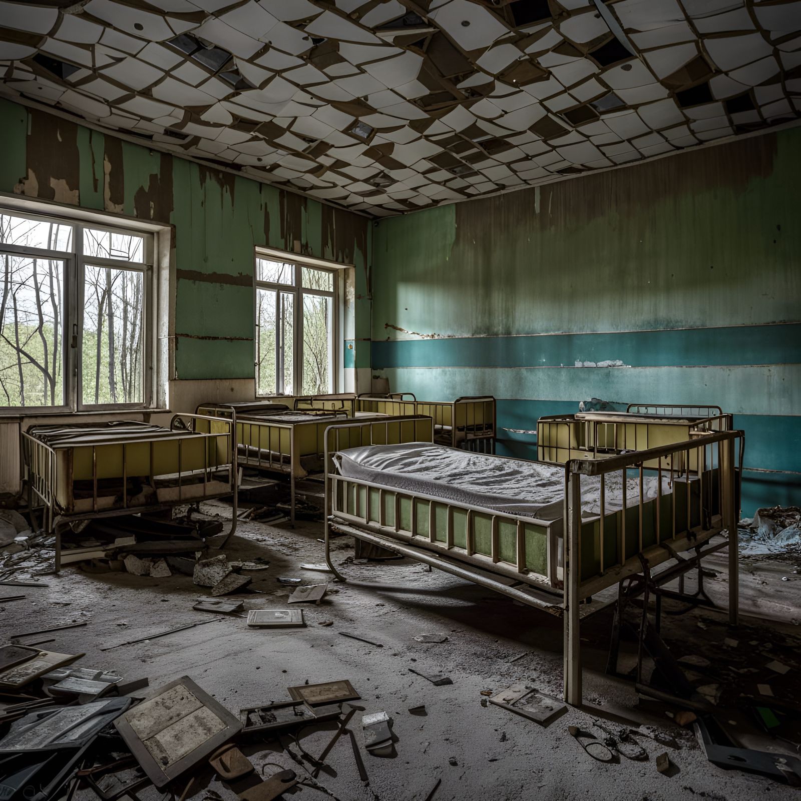 Iconic photograph of the abandoned maternity ward in Hospital No. 126 of Pripyat, Chernobyl Nuclear Power Plant Zone of ...