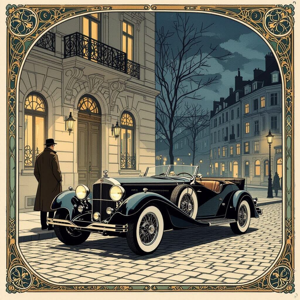 Vintage Sports Car in Art Nouveau Noir Style