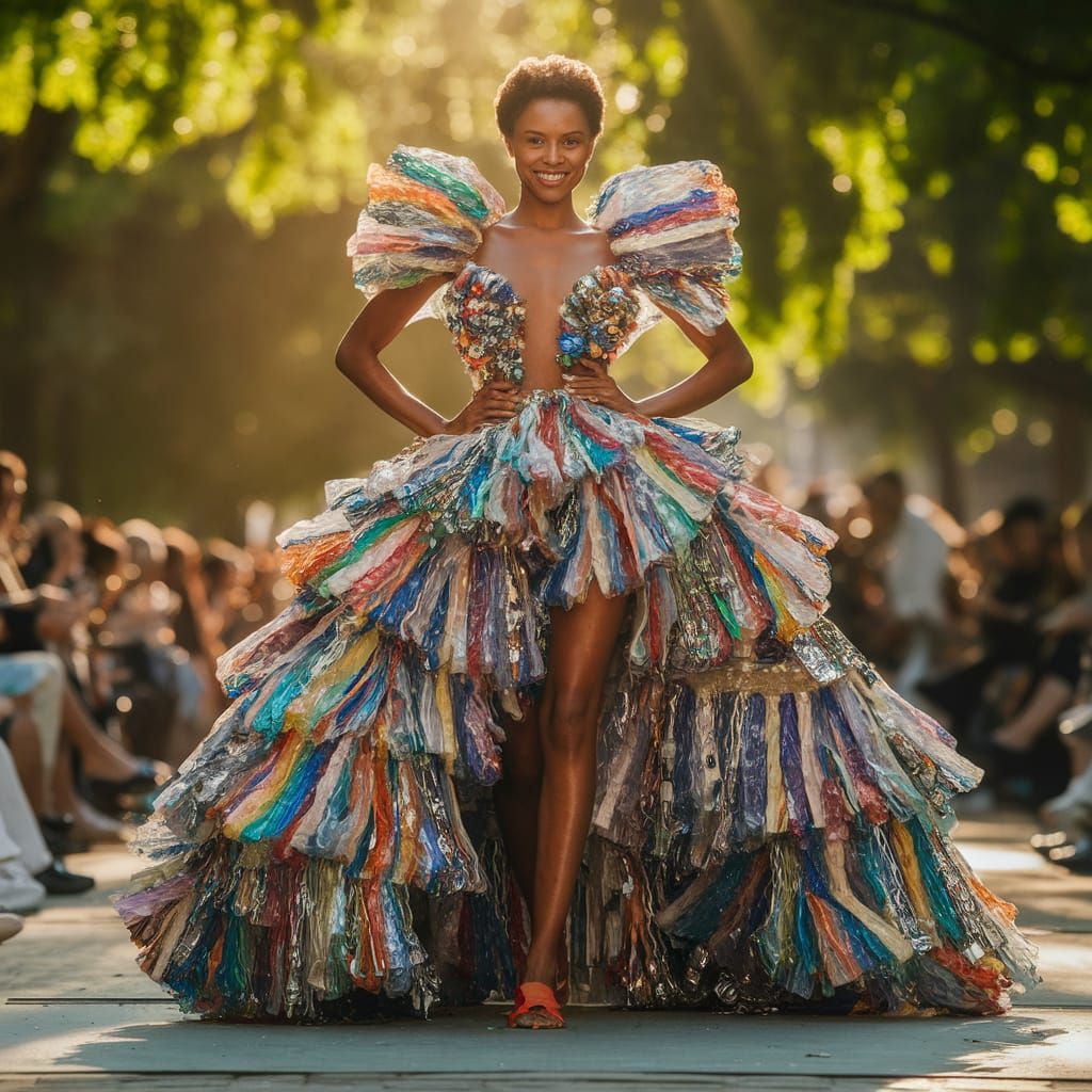 Vibrant Waste Material Fashion Show in a Sunlit Urban Park