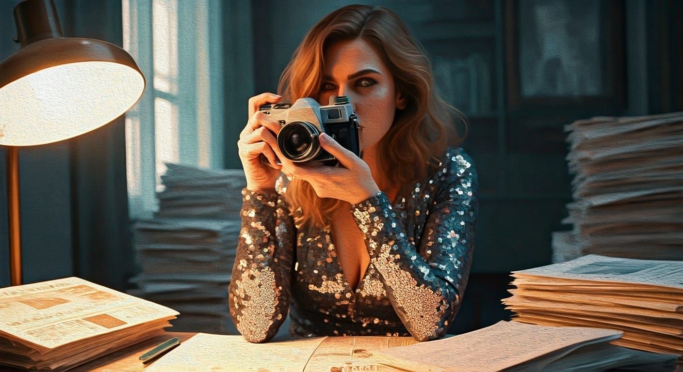 Vibrant Woman Amidst Newsroom Clutter, Dazzling in Sequins a...