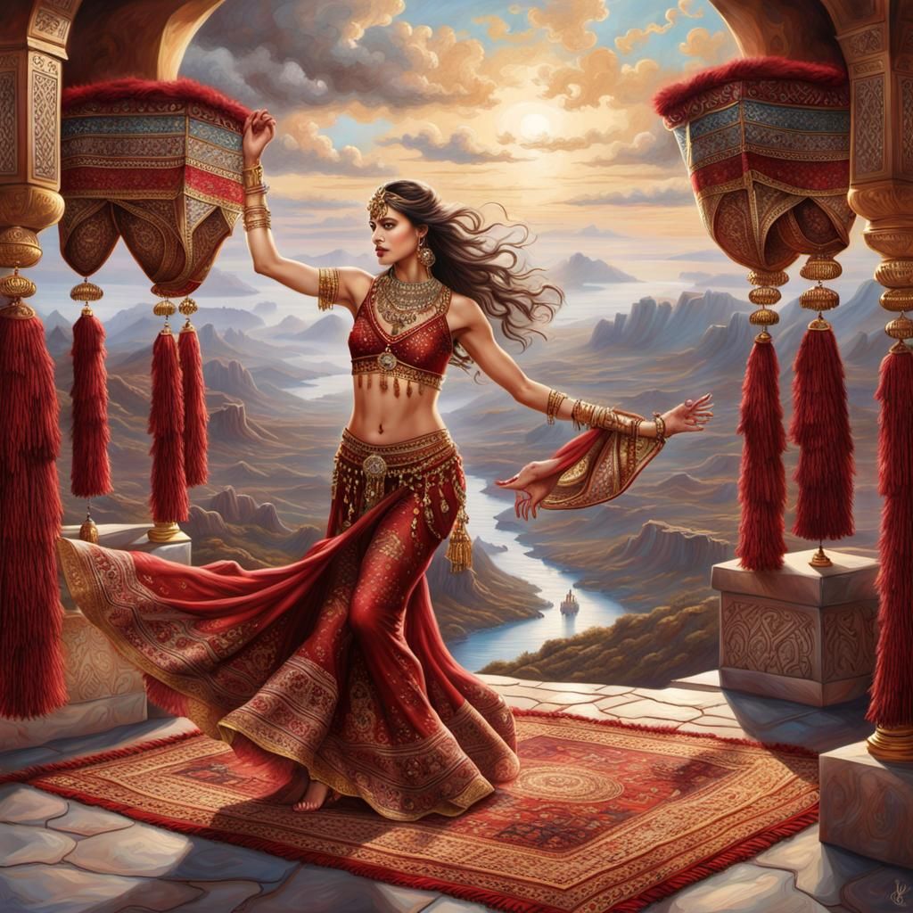 Flying Moroccan Carpet with Belly Dancer, Hyperdetailed Char...