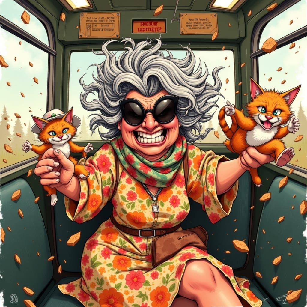 Angry Meemaw Rides the bus, in disguise, with her ginger cats