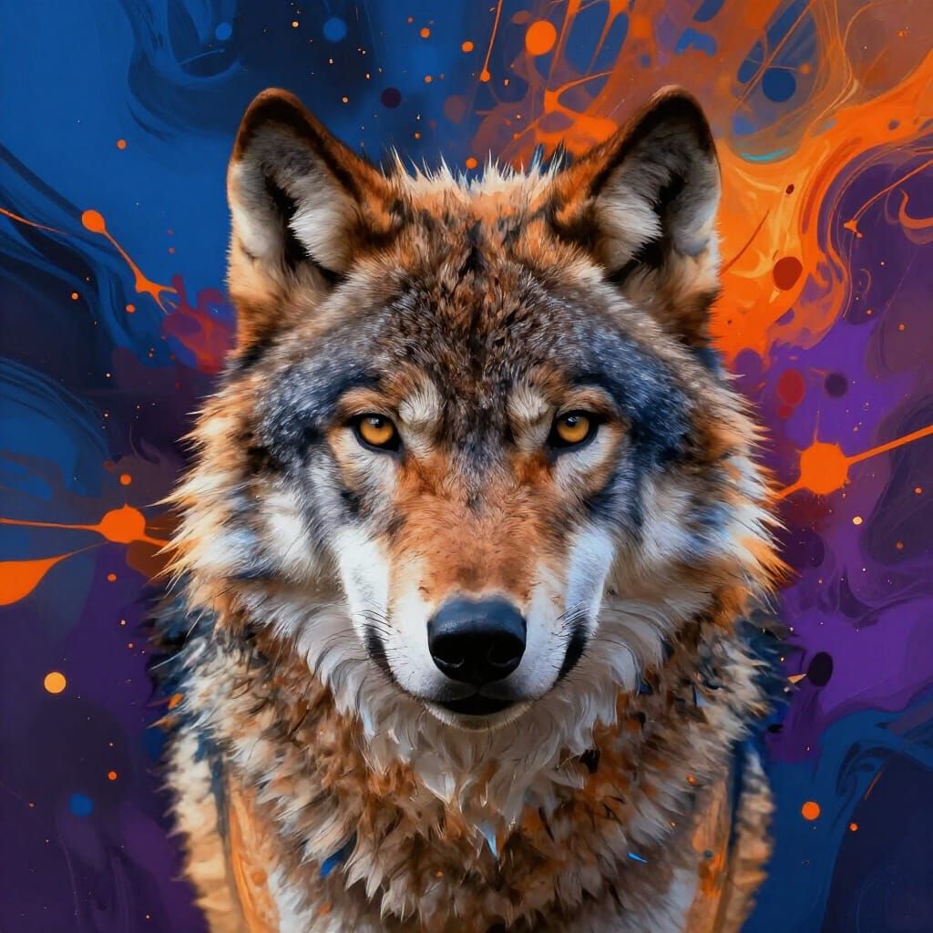 Wolf Portrait with Explosive Paint Splatters