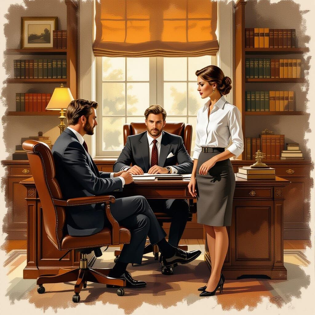 Rich Man and Assistant in Office, Pastoral Realism Style