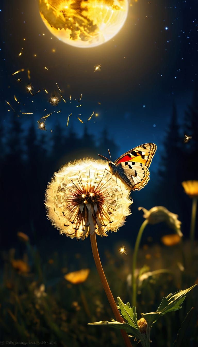 Enchanted Meadow Under Moonlight with Glowing Dandelion and ...