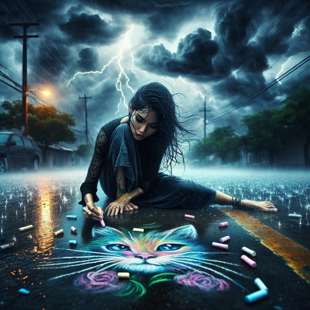 Woman's Chalk Art Defies a Fierce Storm