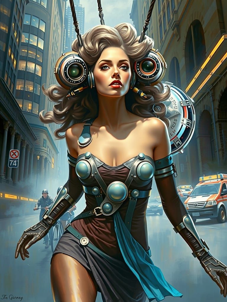 Glamorous Retro Futuristic Robot in Dark Urban Landscape