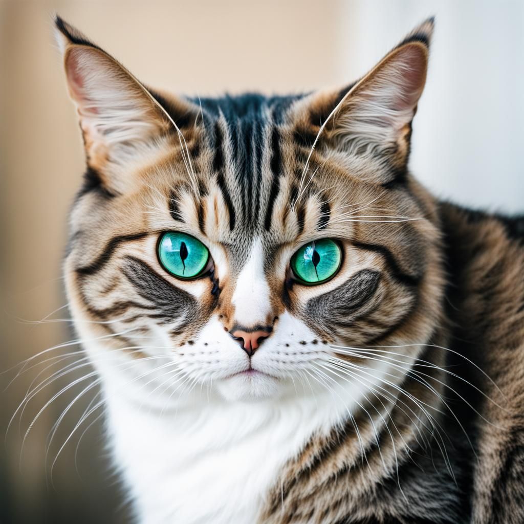 Sad Adorable Cat with Big Green Blue Eyes