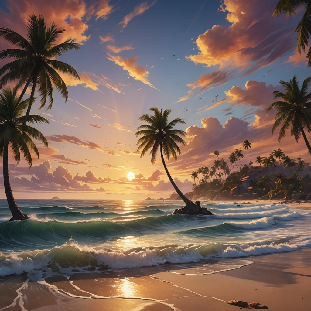Tranquil Sunset Over Ocean: Fantasy Concept Art