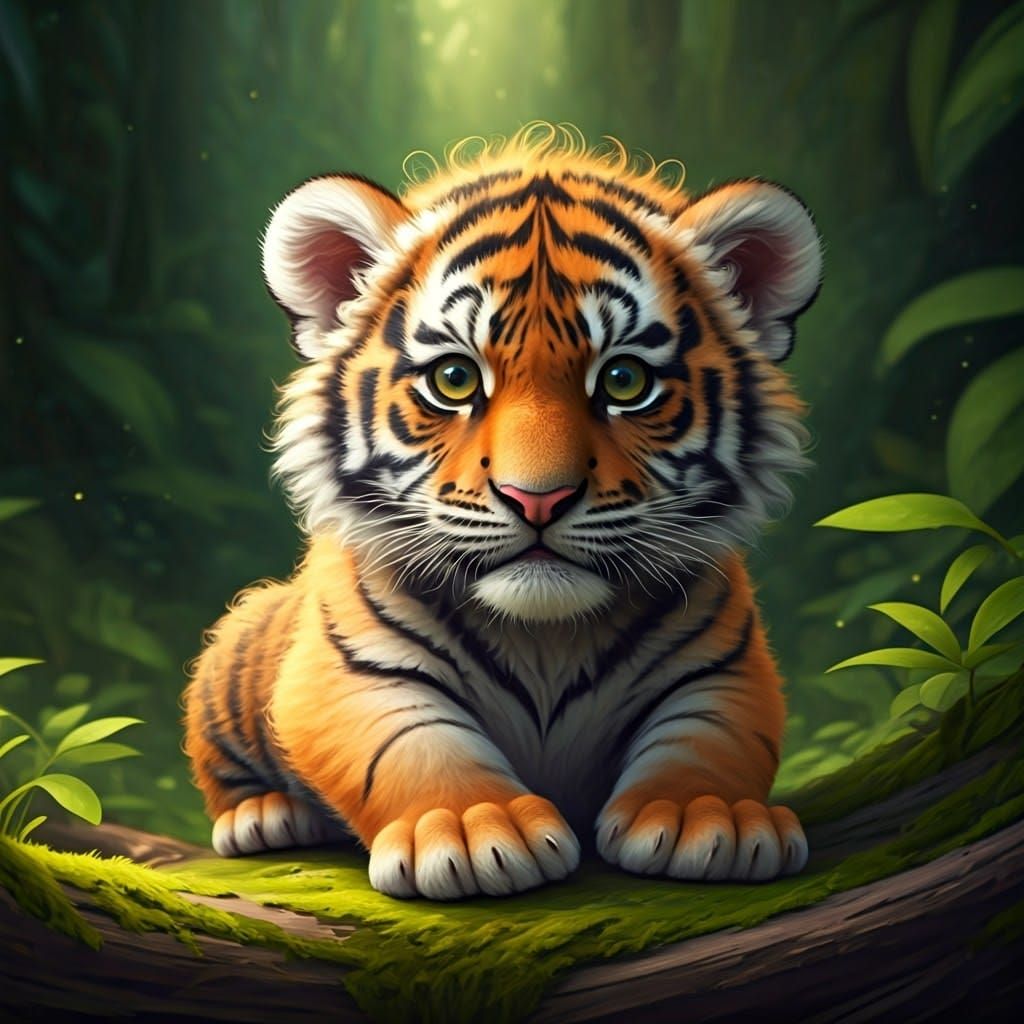 Playful Baby Tiger in Lush Forest, Digital Art