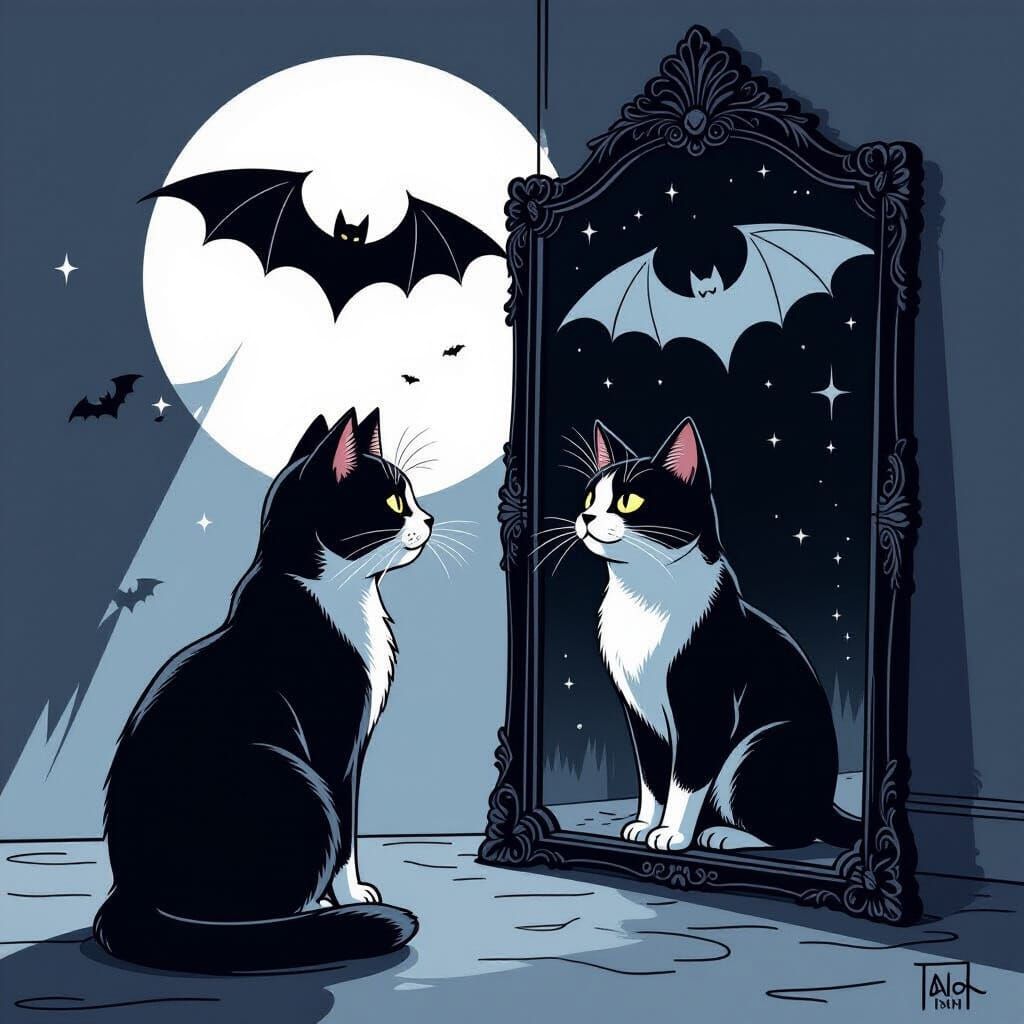 Cat and Bat Reflection in Line Art Style