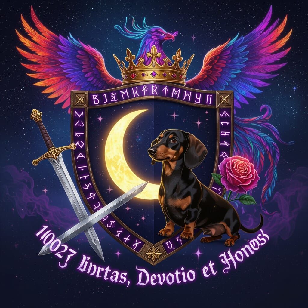 Heraldic Emblem: Moon, Dachshund, Phoenix, and Crown