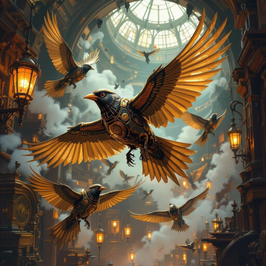 In a bustling clockwork aviary, a flock of mechanical birds ...