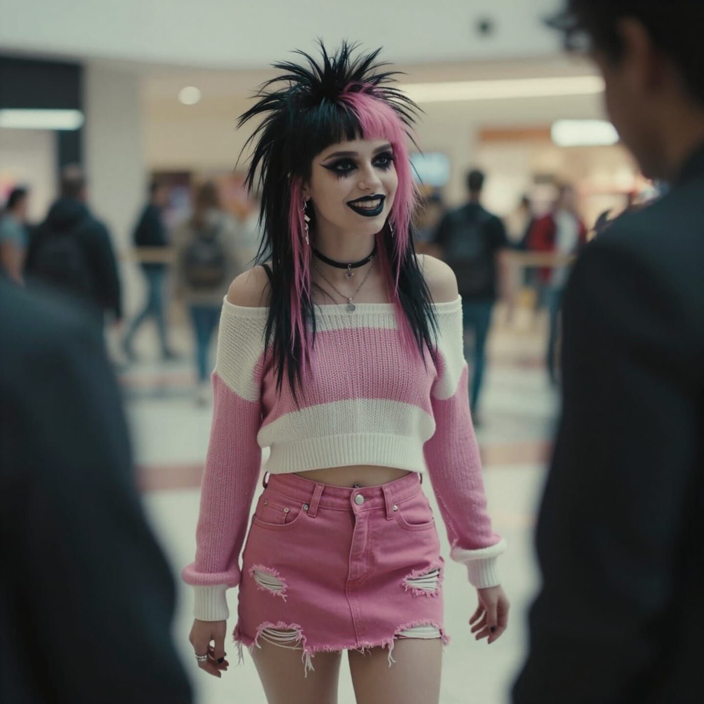 Punk Girl in Pink and White Outfit at Mall