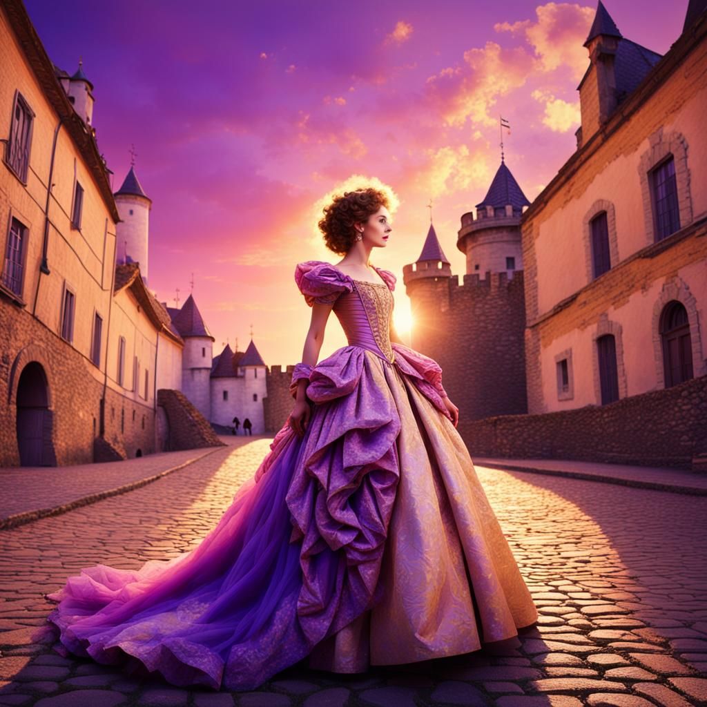 Lady in 1625s Fashion with Golden Gown in Expressionism