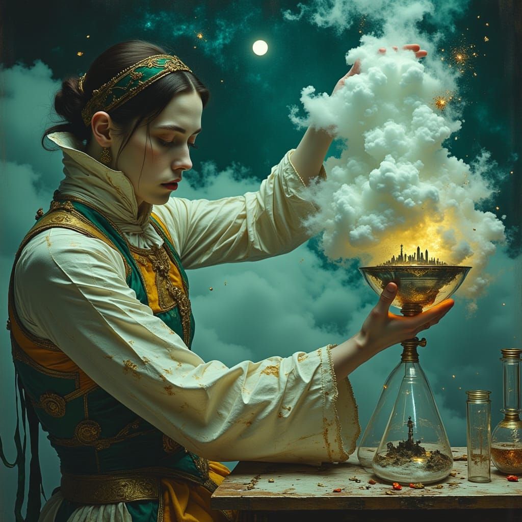 Surreal Chemist with Miniature City in Flask